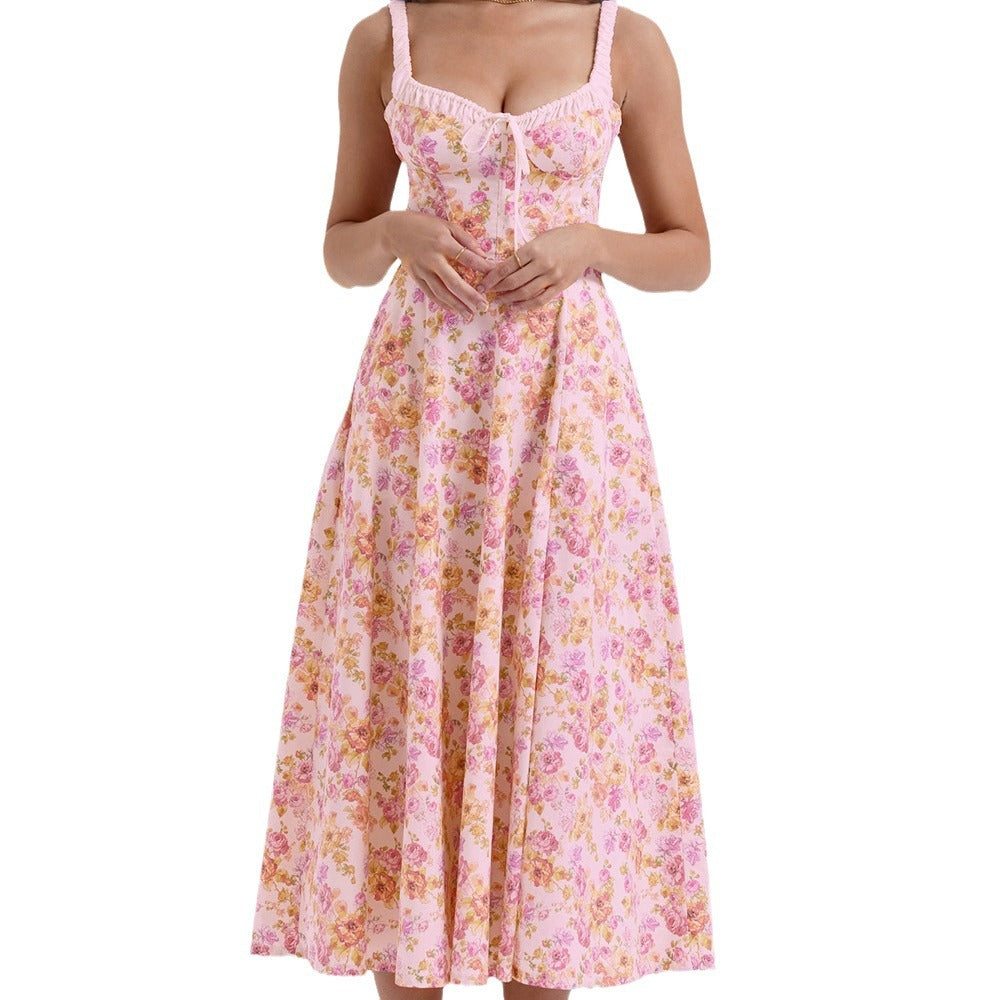 Damen Blühendes Sommer-Maxi-Kleid mit Spitze und gerafftem Oberteil Sovae