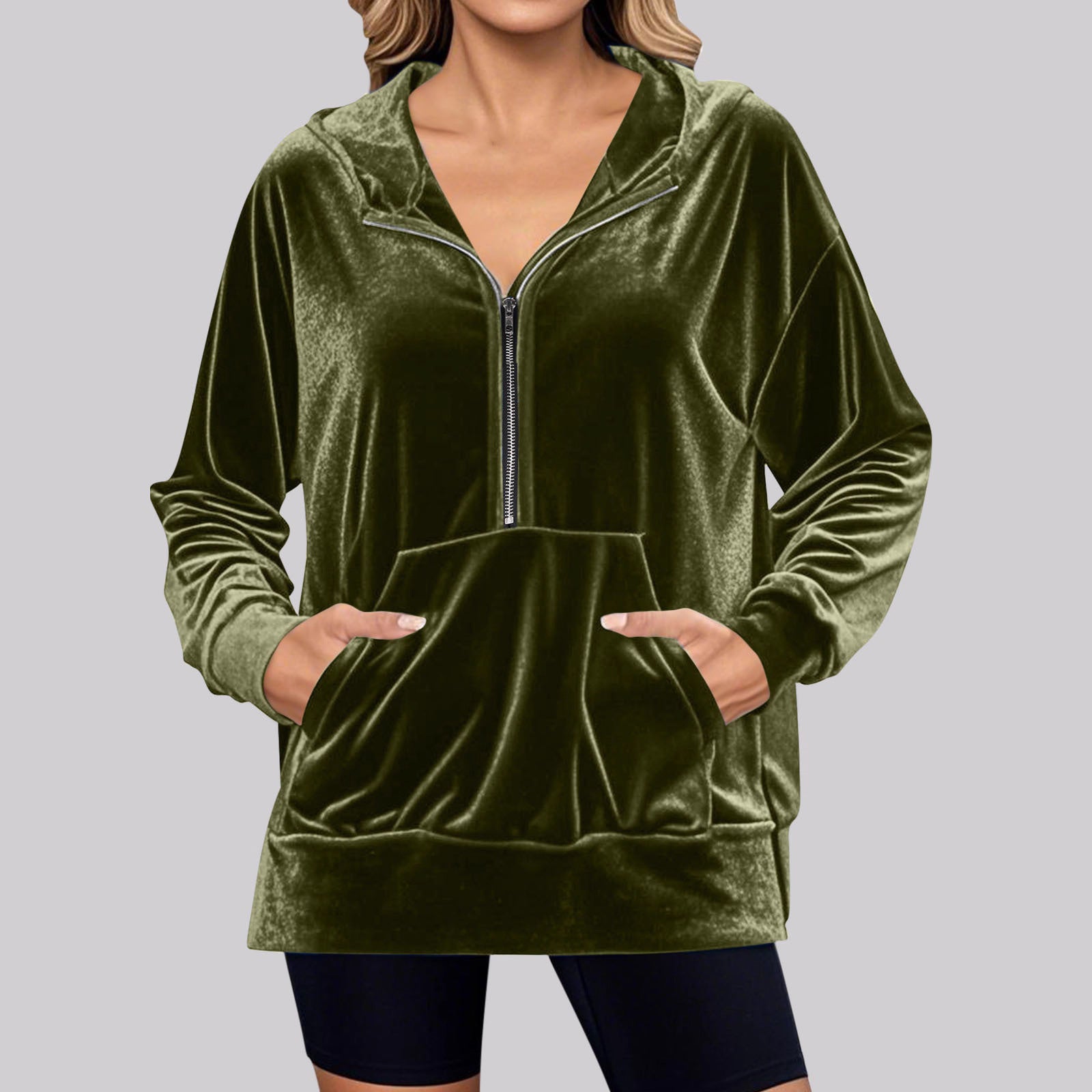 Damen Lässiger Velvet Hoodie mit praktischem Reißverschluss und Kängurutasche Sovae