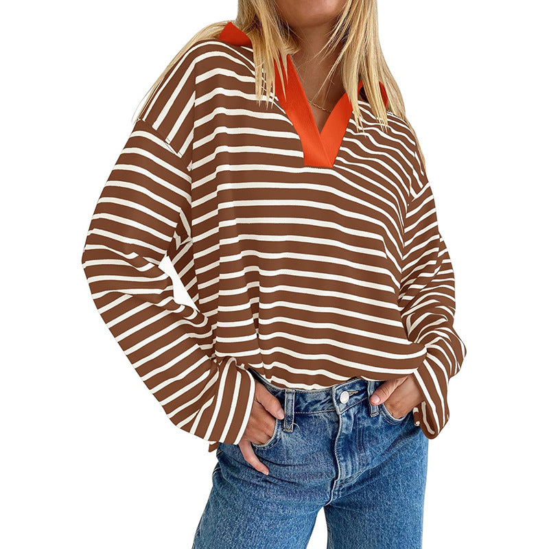 Damen Lässiger und modischer Pullover mit breiten Streifen und V-Ausschnitt Sovae