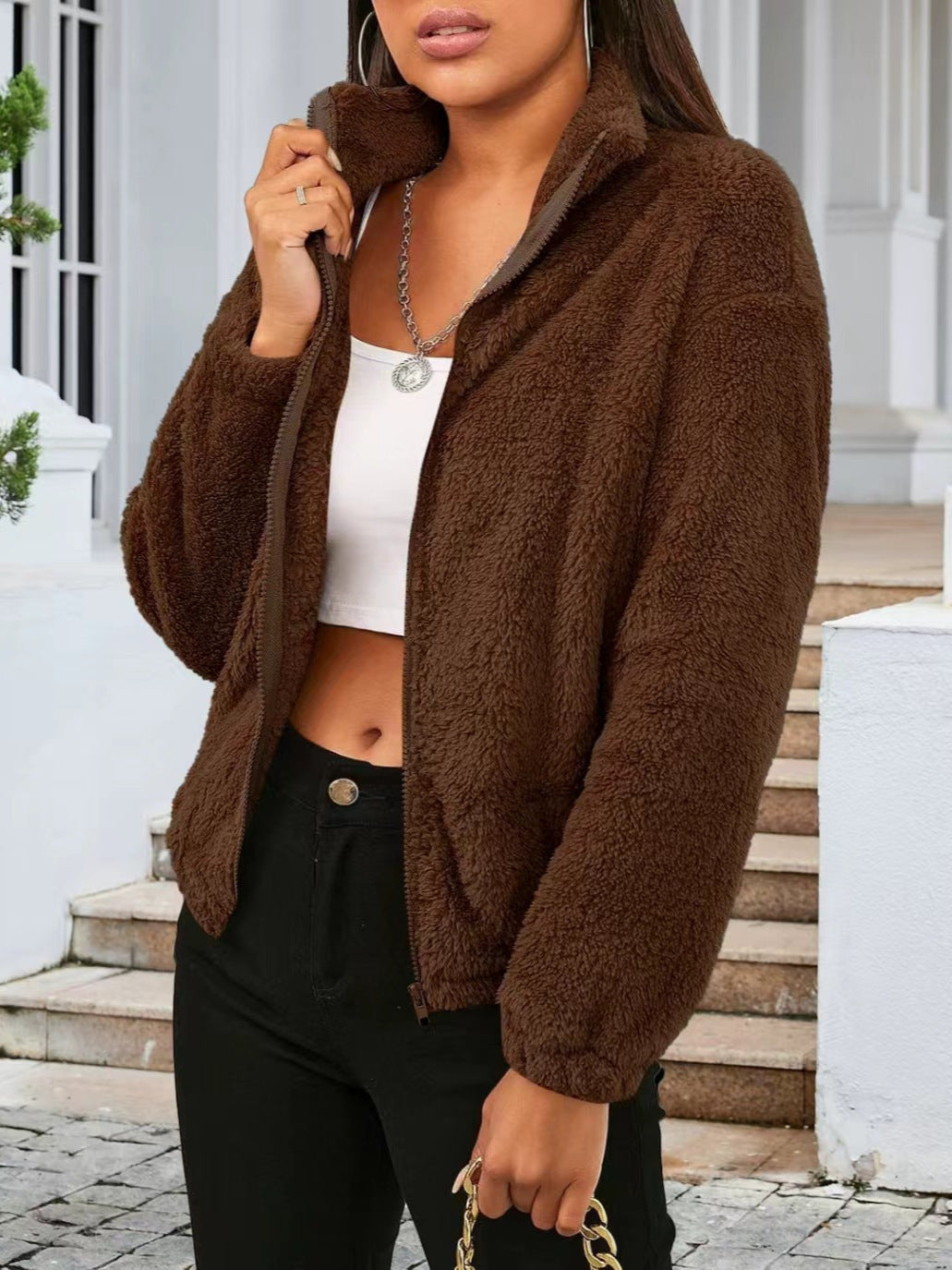 Damen Kuschelige Fleecejacke mit hohem Kragen und seitlichen Taschen Sovae