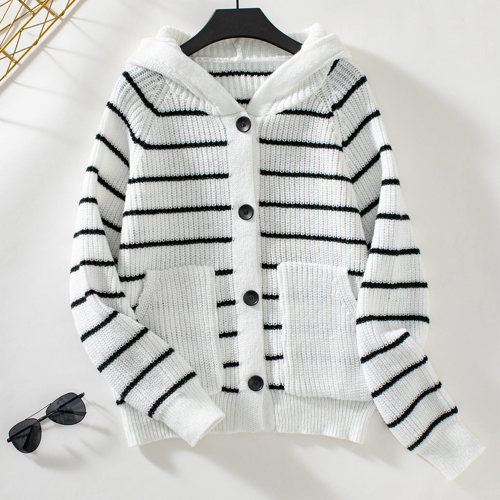 Damen gestreifte Strickjacke mit Kapuze und Taschen Sovae