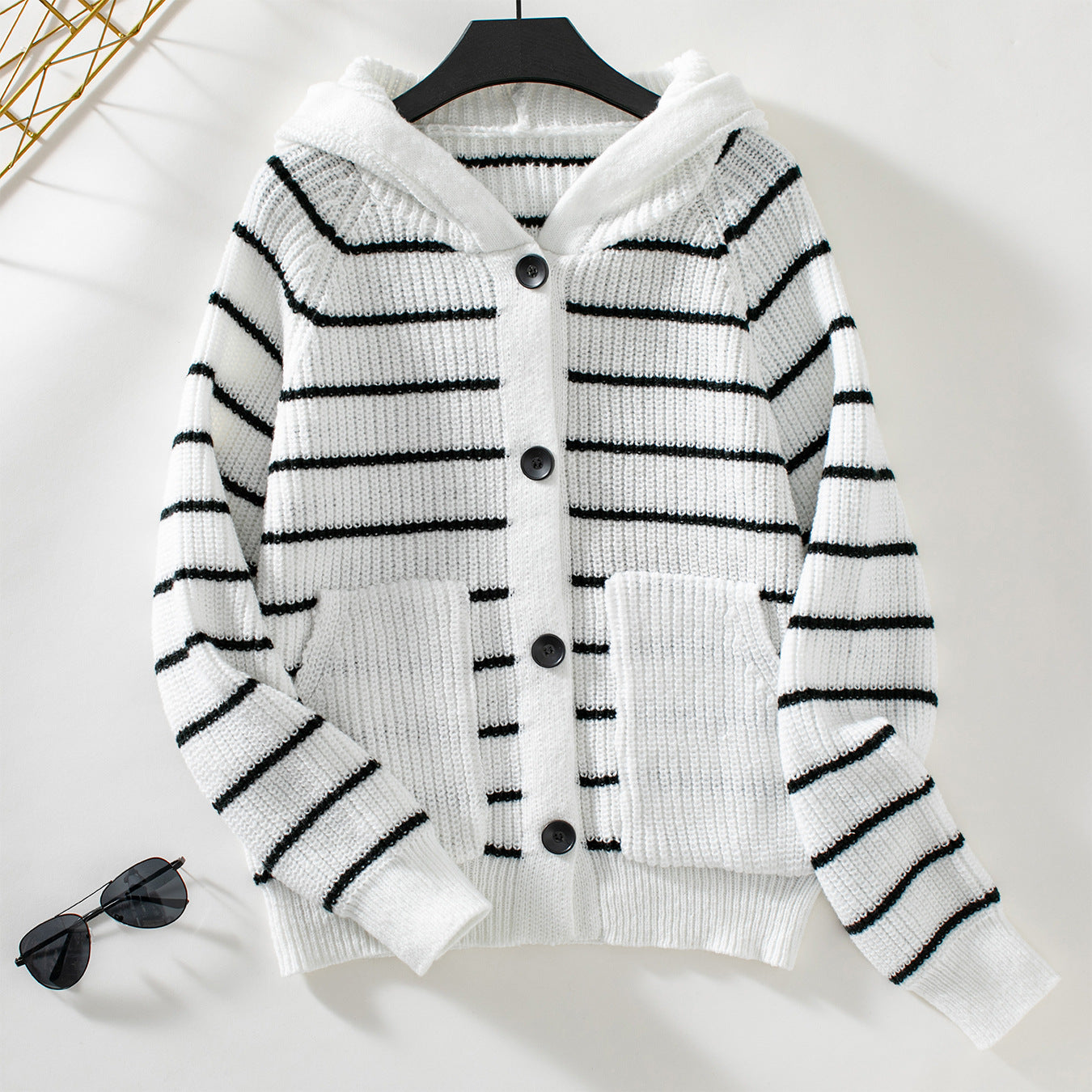 Damen gestreifte Strickjacke mit Kapuze und Taschen Sovae