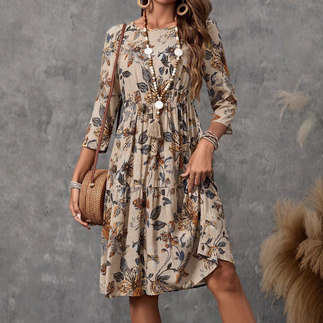 Damen Midikleid im verspielten Floral-Design mit ausgestelltem Rock und langen Ärmeln Sovae