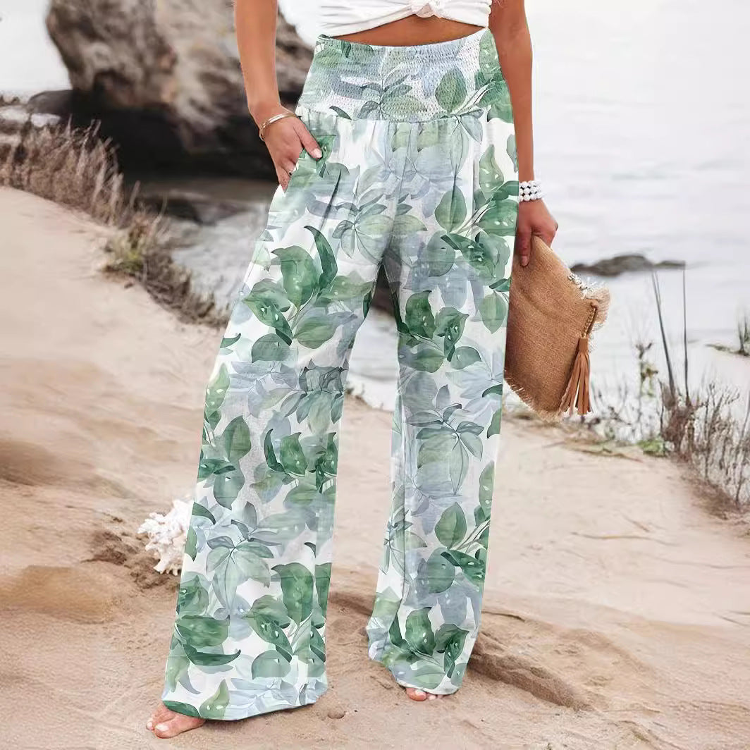 Damen Weit geschnittene Sommerhose mit floralem Print und elastischem Bund Sovae