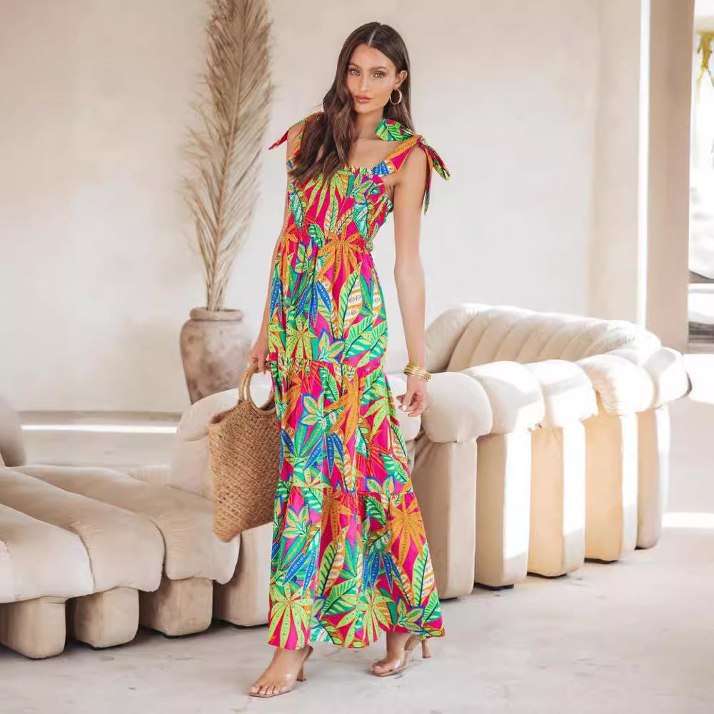 Damen Maxi-Kleid mit floralen Mustern und Trägerdetails Sovae