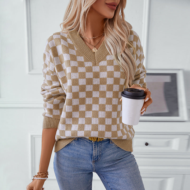 Damen lässiger V-Ausschnitt Pullover mit Karo-Muster und lockerer Passform Sovae