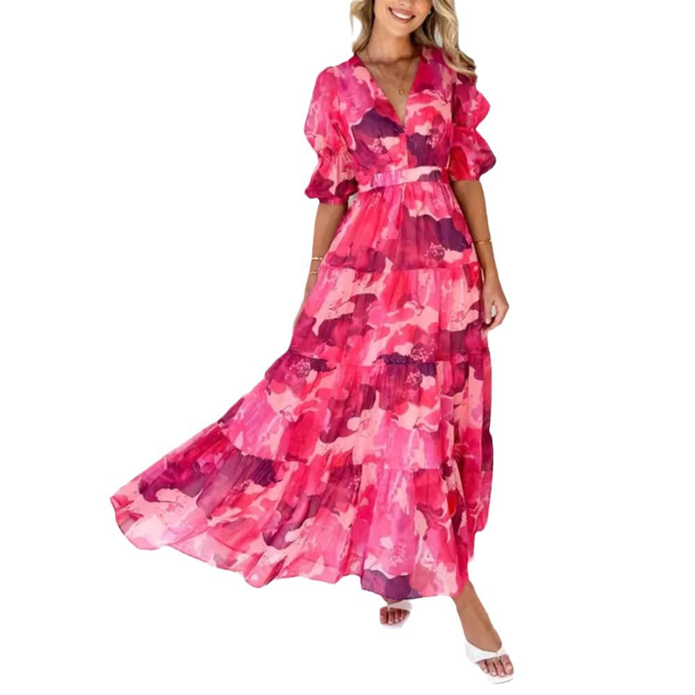 Damen Maxikleid mit voluminösen Rüschen und V-Ausschnitt Sovae