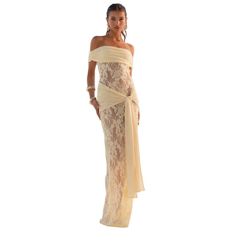 Damen Elegantes Spitzenkleid mit schulterfreiem Design Sovae