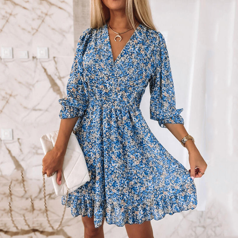 Damen Freizeitkleid mit floralem Muster und hohen Ärmeln Sovae