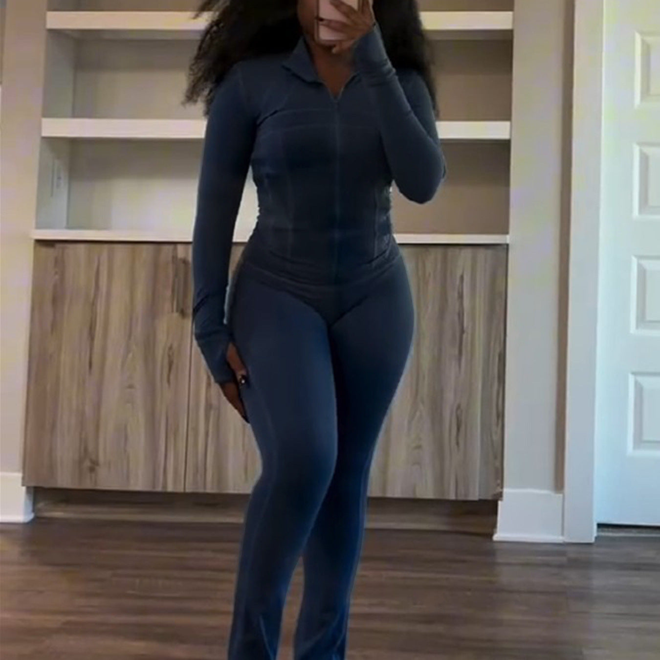 Damen trendiger Jumpsuit mit langem Arm und Reißverschluss Sovae