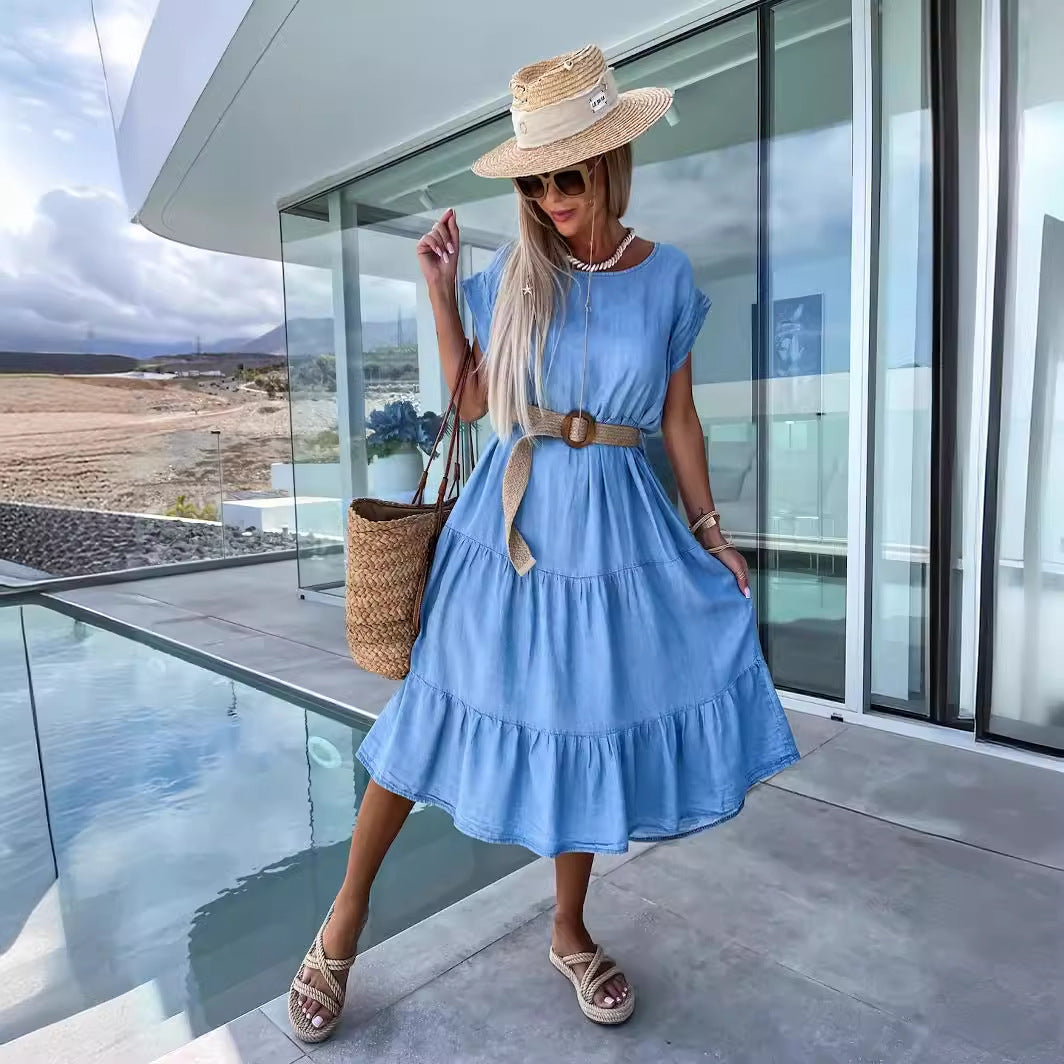 Damen lässiges Maxikleid mit tailliertem Gürtel und Volants Sovae