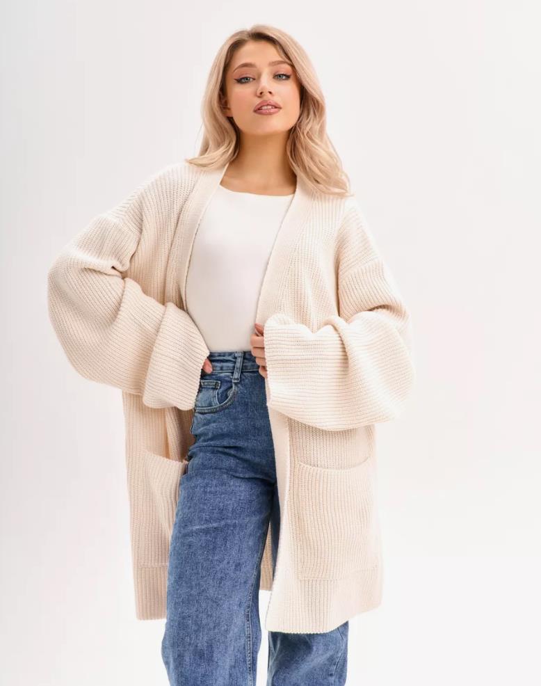 Damen Großer Strickcardigan mit voluminösen Ärmeln und praktischen Taschen Sovae