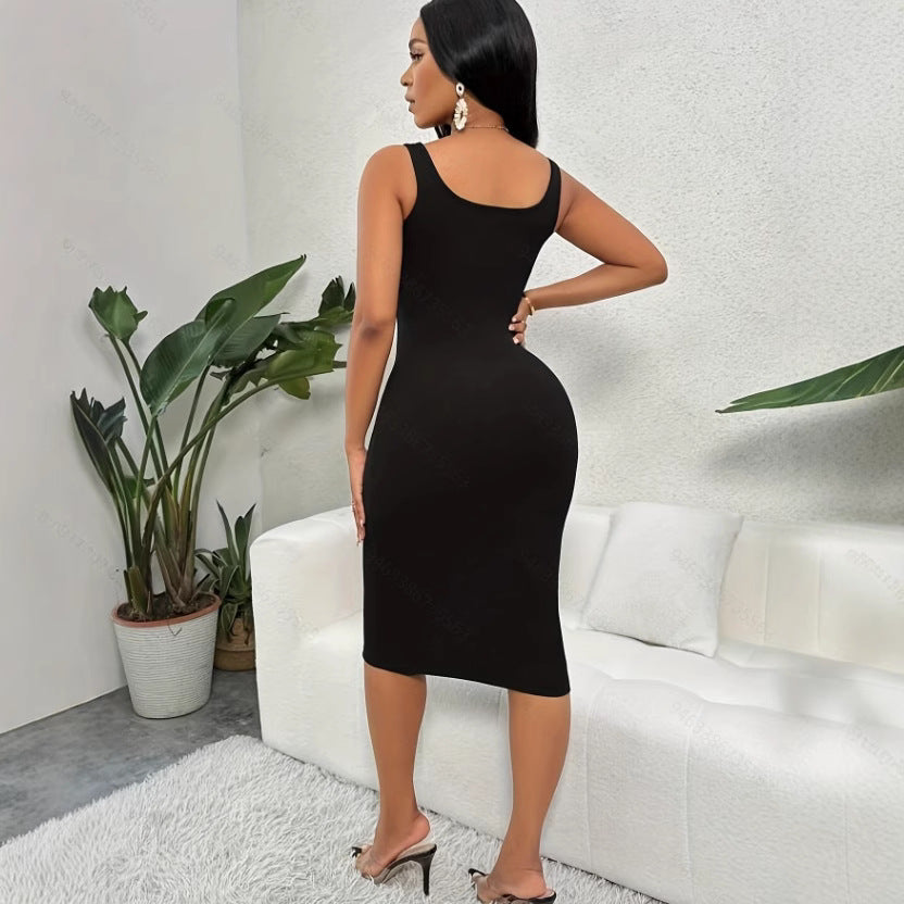 Damen Tailliertes Midi-Kleid mit Knopfleiste und breiten Trägern Sovae