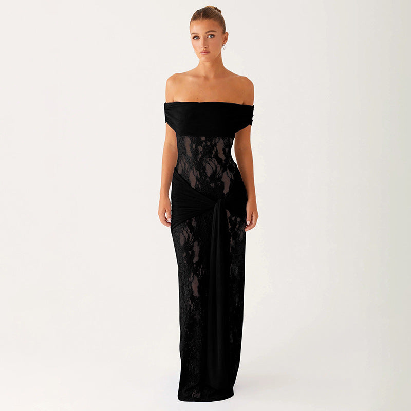 Damen Elegantes Spitzenkleid mit schulterfreiem Design Sovae