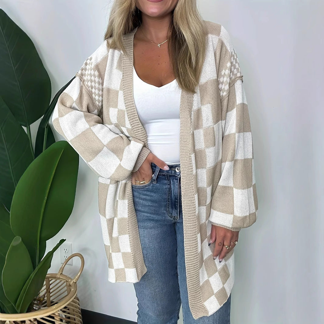 Damen Oversize Strickjacke mit Karomuster Sovae