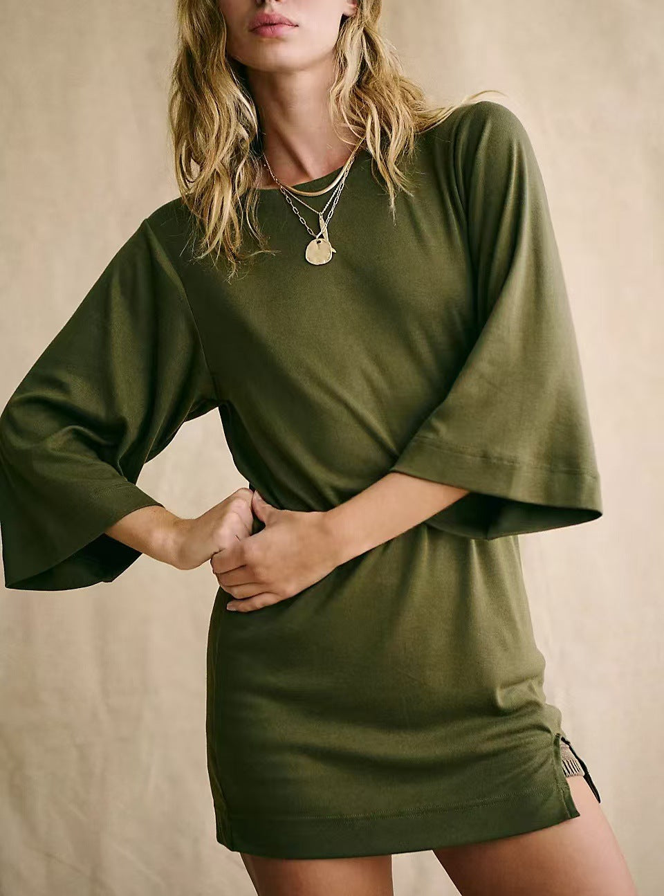 Damen legeres Minikleid mit weiten Ärmeln und seitlichem Schlitz Sovae