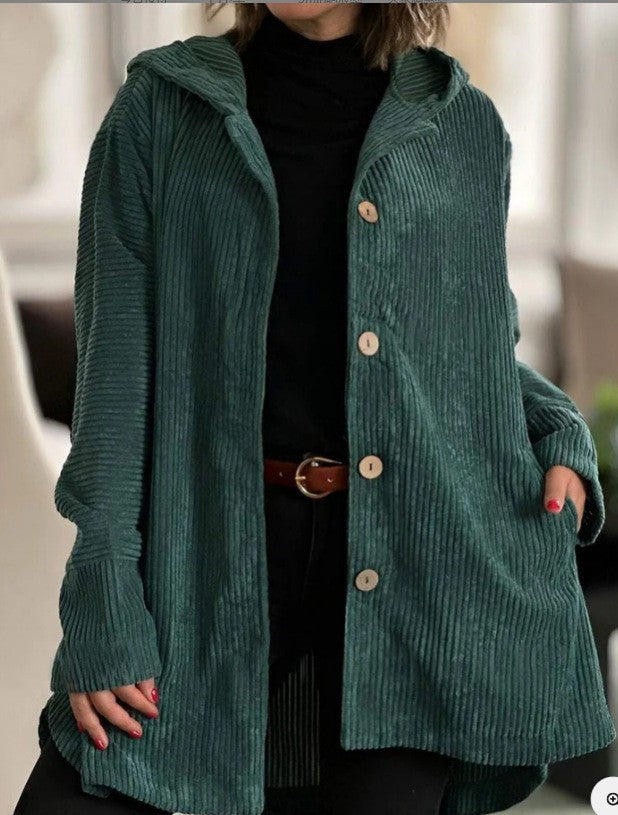 Damen Kapuzenjacke aus Rippstoff mit Holzknöpfen und Freizeit-Schnitt Sovae