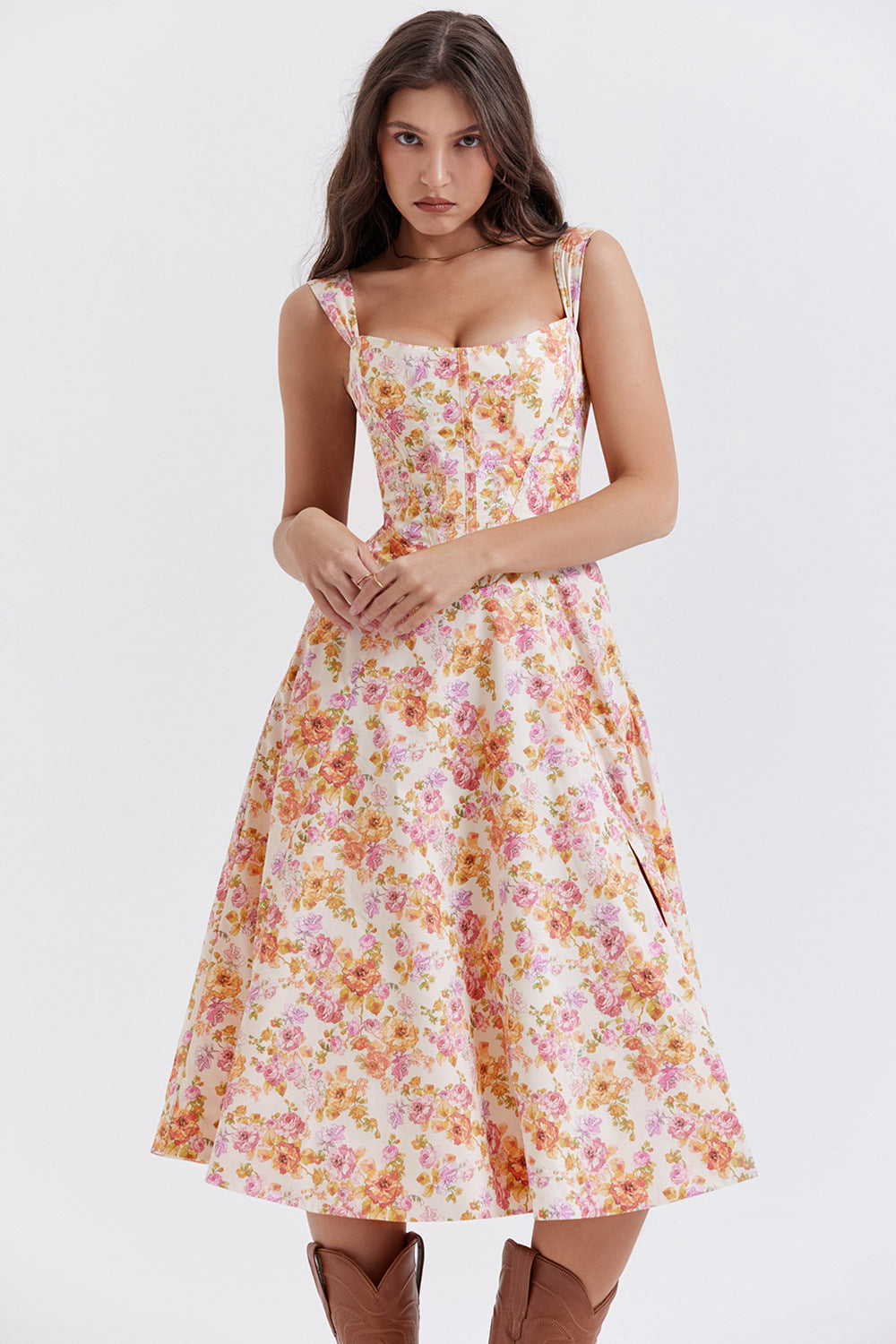 Damen schulterfreies Midikleid mit floralem Design und Eingrifftaschen Sovae