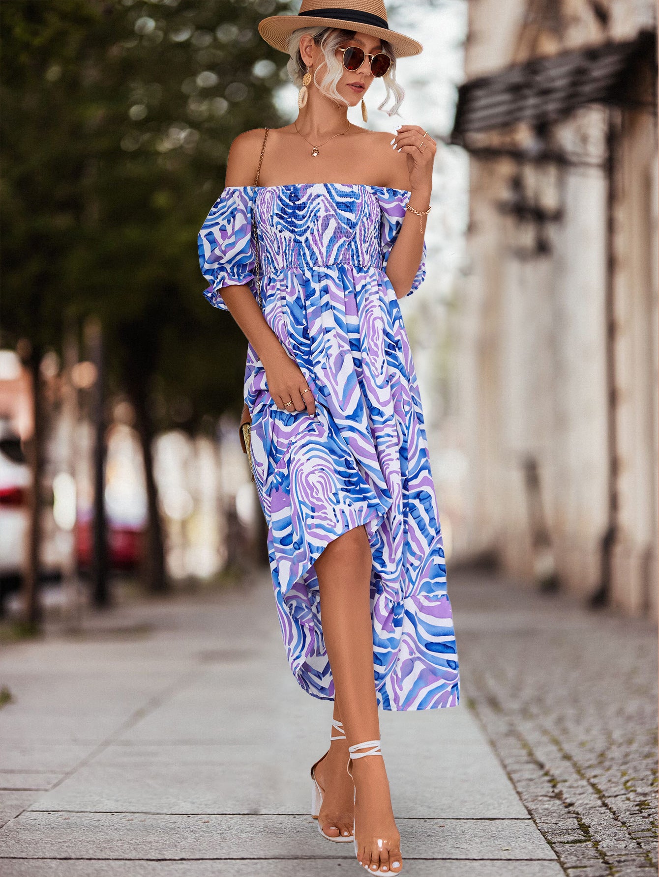 Damen Off-Shoulder Maxikleid mit floralen Akzenten und elastischer Taillierung Sovae