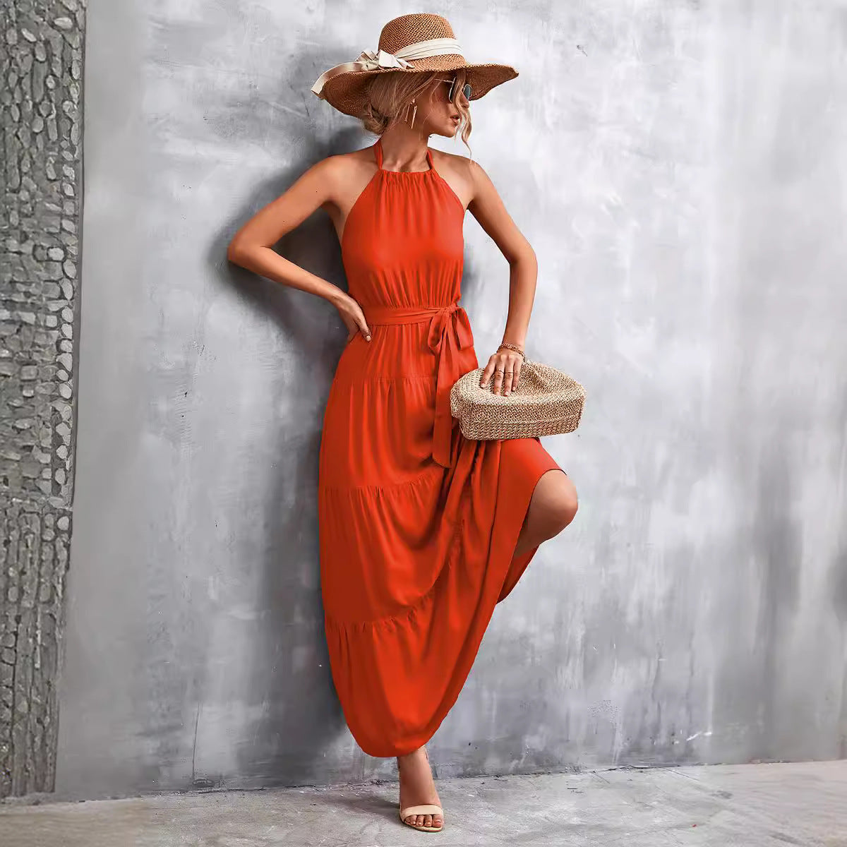 Damen Maxikleid mit schickem Halterdesign und fließendem Rock Sovae