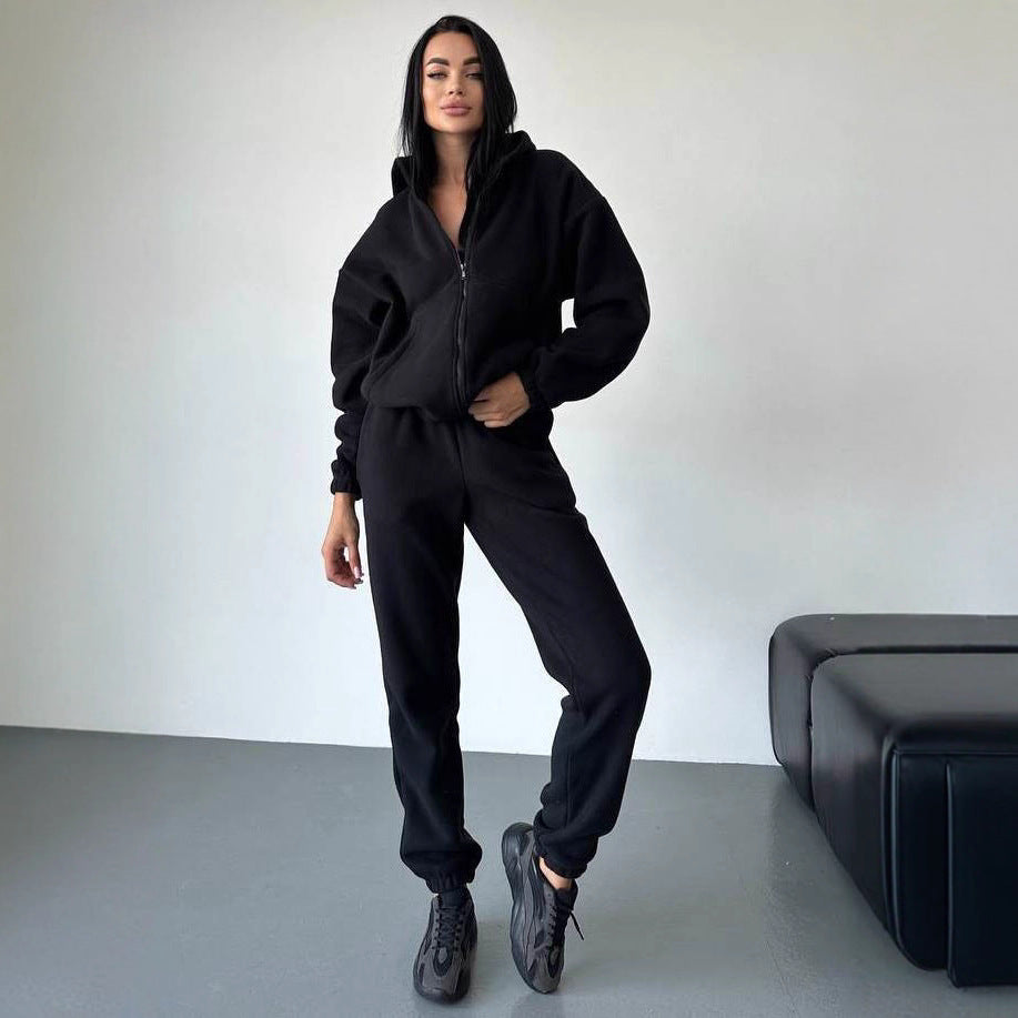 Damen Fleece-Loungewear-Anzug mit Reißverschluss und Kapuze Sovae
