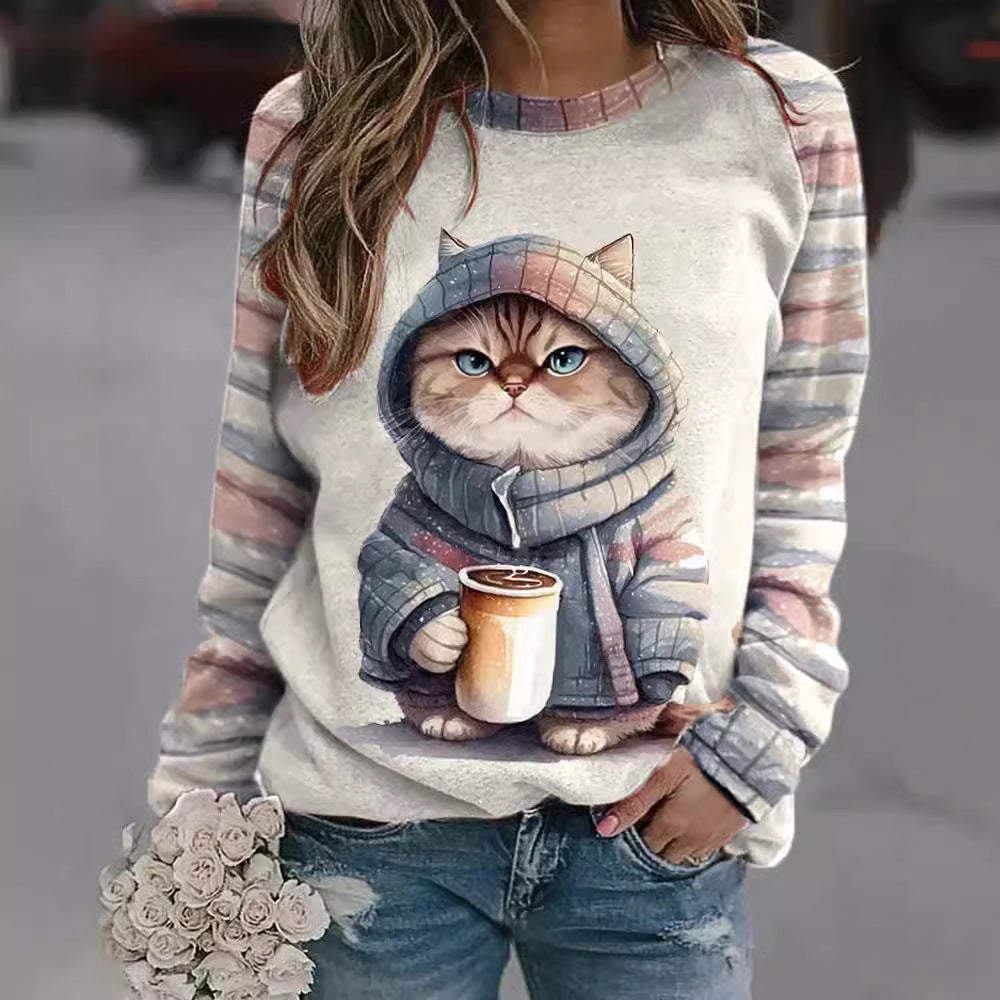 Damen Sweatshirt mit Katzenmotiv und Kapuze Sovae