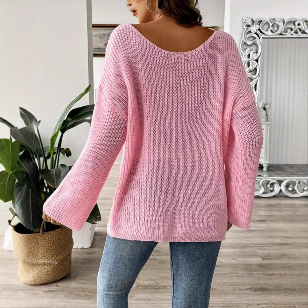 Damen Oversized Strickpullover mit romantischem Schleifenmotiv Sovae