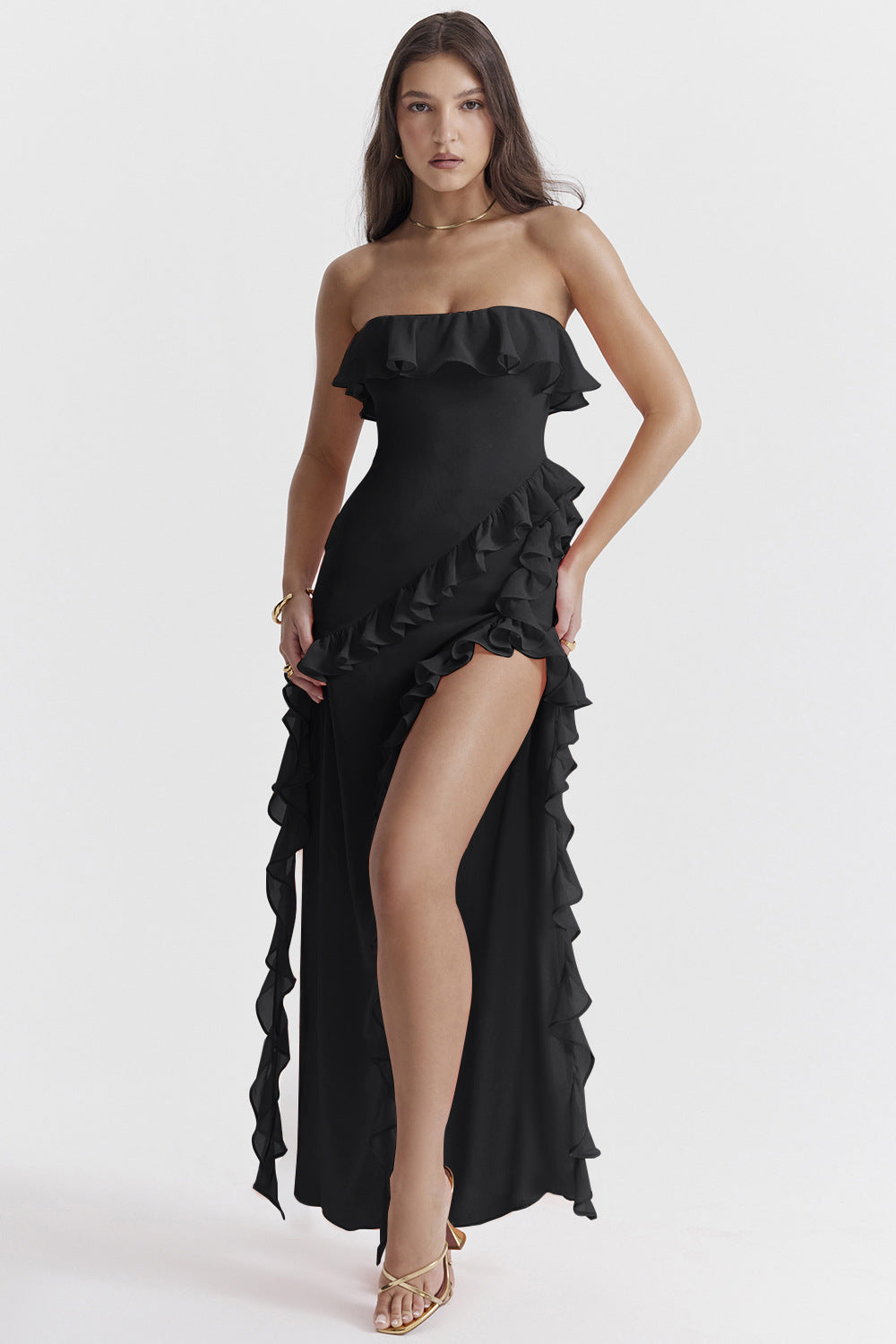Damen elegantes, schulterfreies Maxikleid mit Rüschendetails Sovae