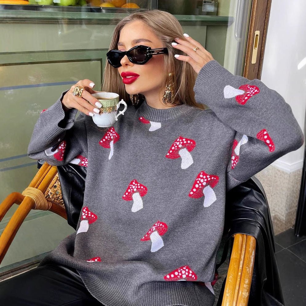 Damen Pullover mit verspielten Pilzstickereien Sovae