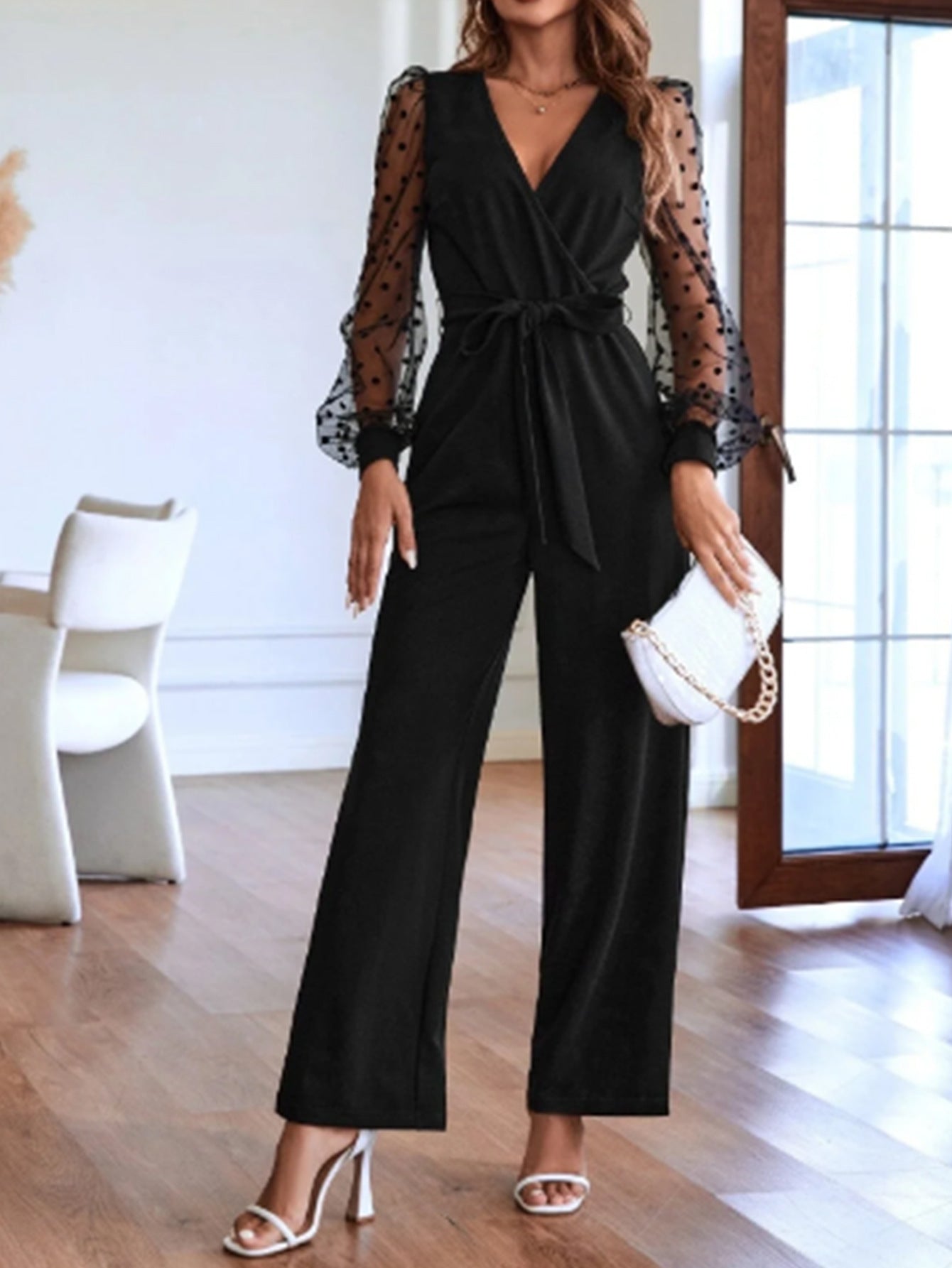 Damen Wickel-Jumpsuit mit transparenten Puffärmeln Sovae