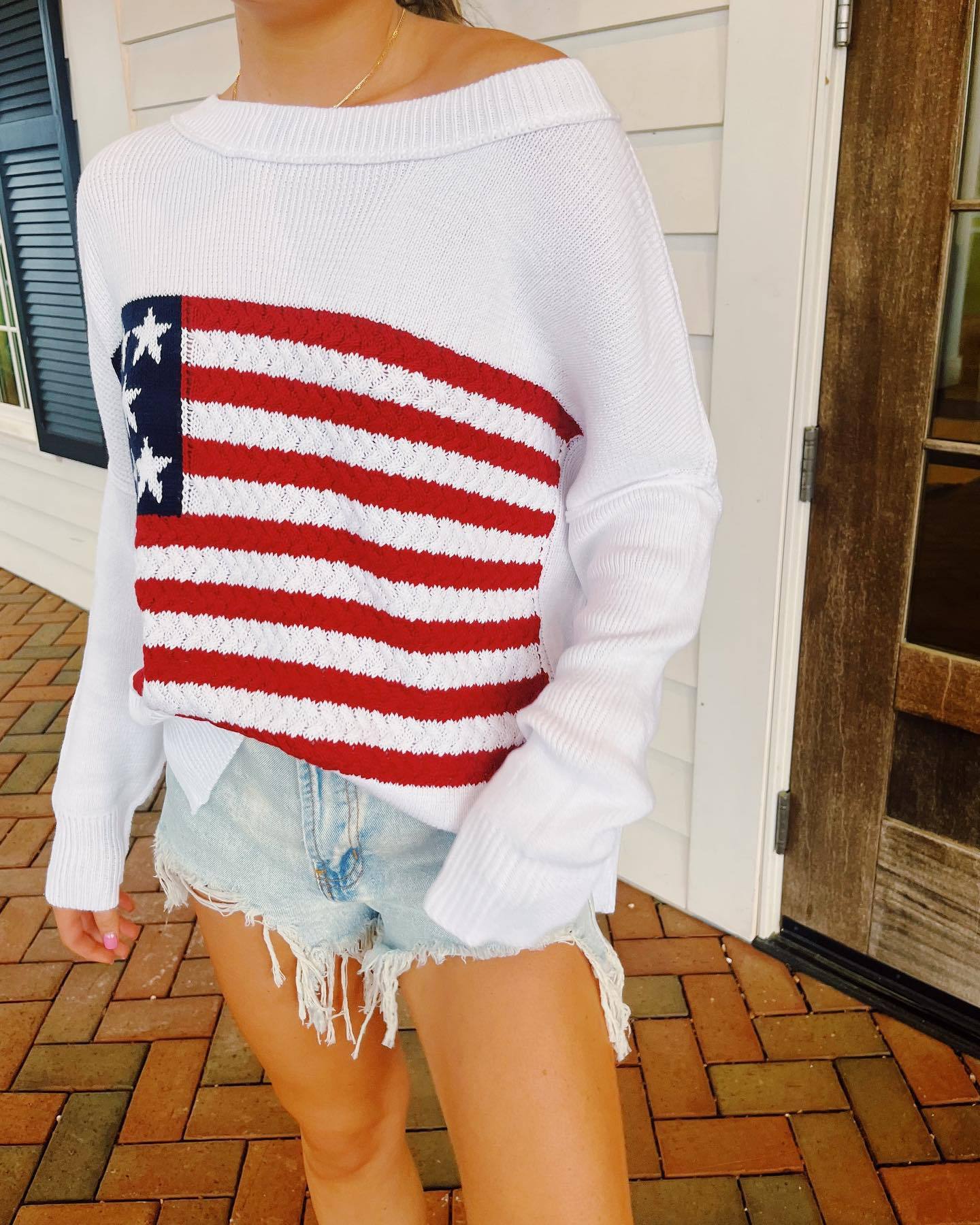 Damen Strickpullover mit auffälligem Flaggenmotiv und lässigem Schnitt Sovae