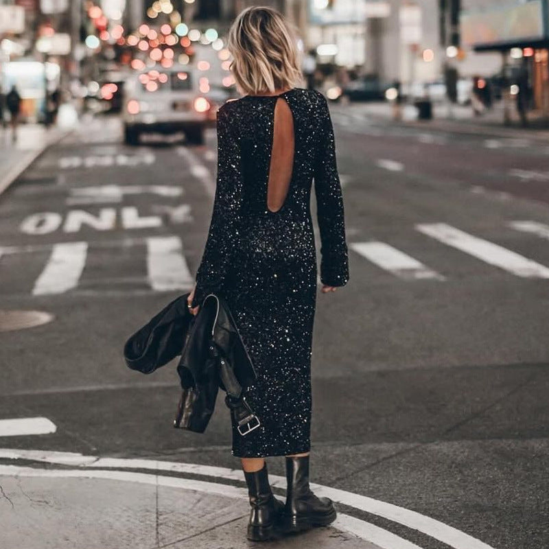 Damen Funkelndes Maxikleid mit langen Ärmeln und glitzerndem Obermaterial Sovae