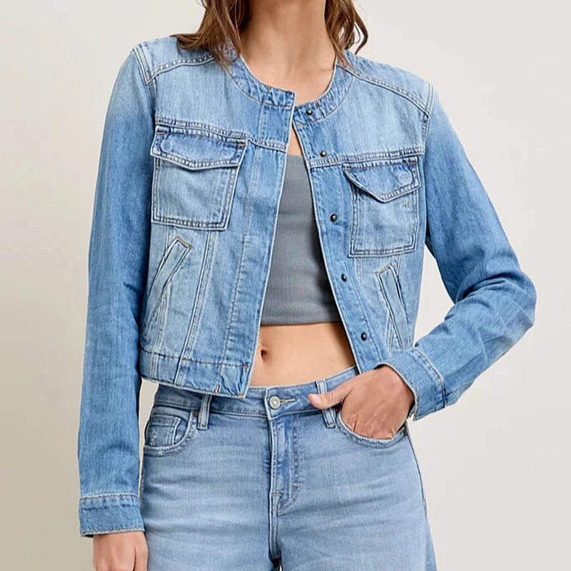 Damen cropped Jeansjacke mit klassischem Schnitt und praktischen Taschen Sovae