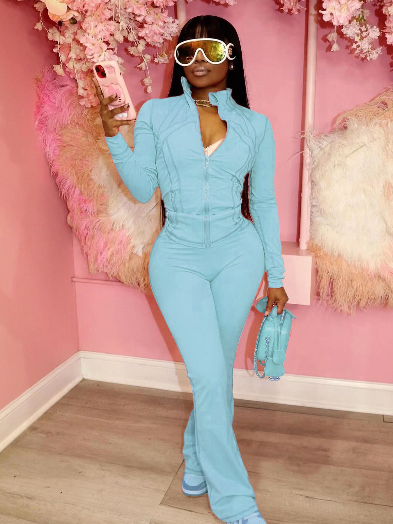 Damen trendiger Jumpsuit mit langem Arm und Reißverschluss Sovae