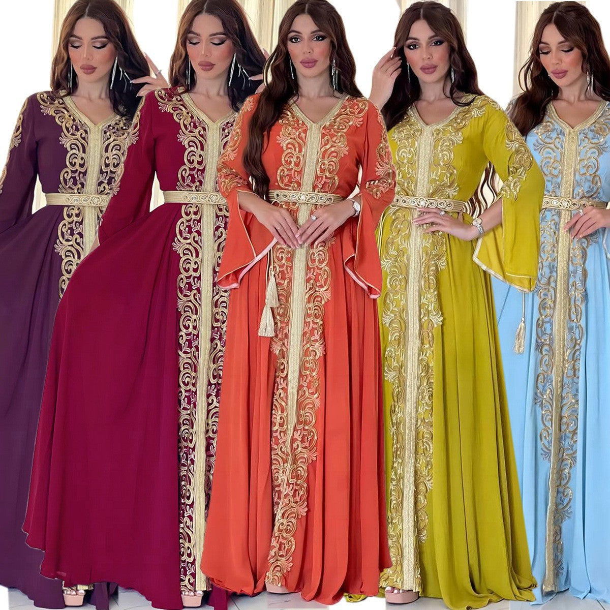 Damen Elegantes, besticktes Maxikleid mit weit schwingenden Ärmeln Sovae