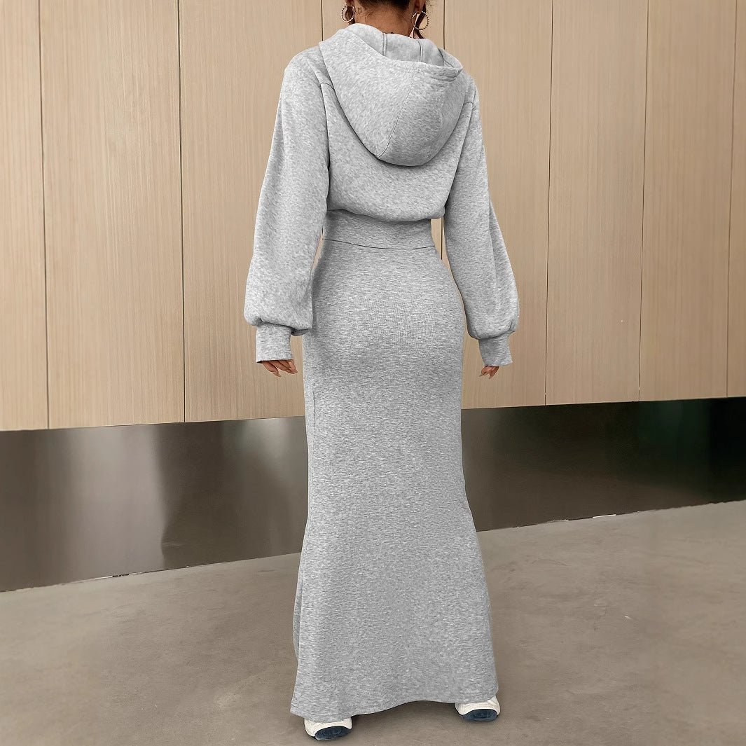 Damen Maxi Kleid mit Spaghettiträgern und lässiger Kapuzenjacke Sovae