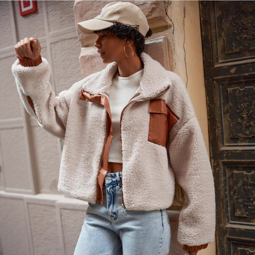 Damen kuschelige Fleecejacke mit elegantem Lederbesatz Sovae