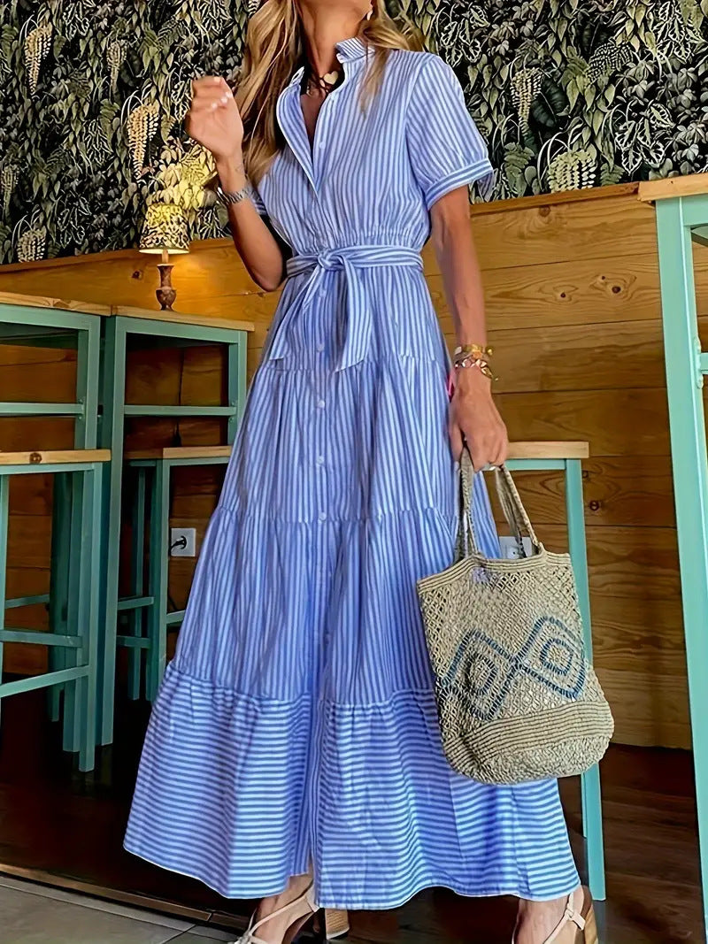 Damen langes Hemdblusenkleid mit Taillengürtel und stimmungsvollem Streifenmuster Sovae