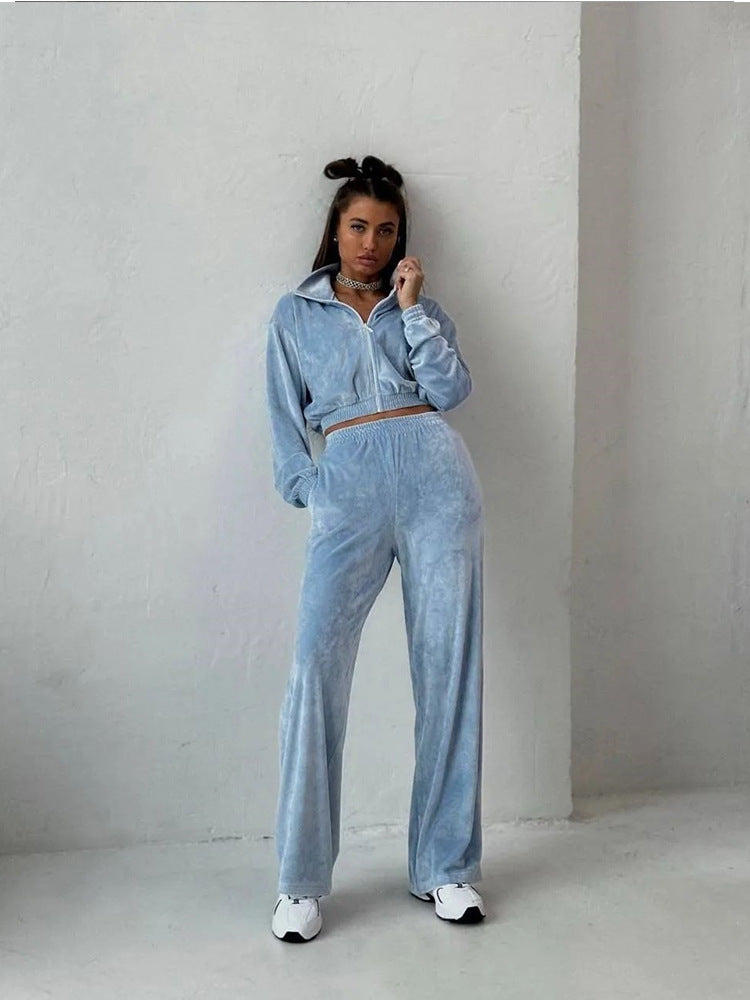 Damen Velours-Loungewear-Set mit hohem Kragen und elastischem Bund Sovae