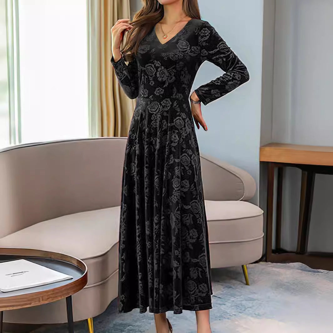 Damen Samt-Maxikleid mit floralem Muster und elegantem V-Ausschnitt Sovae