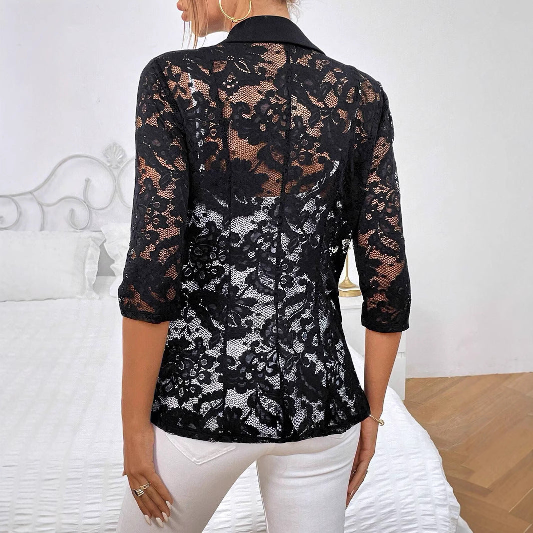 Damen Eleganter Spitzenblazer mit transparenten Ärmeln Sovae