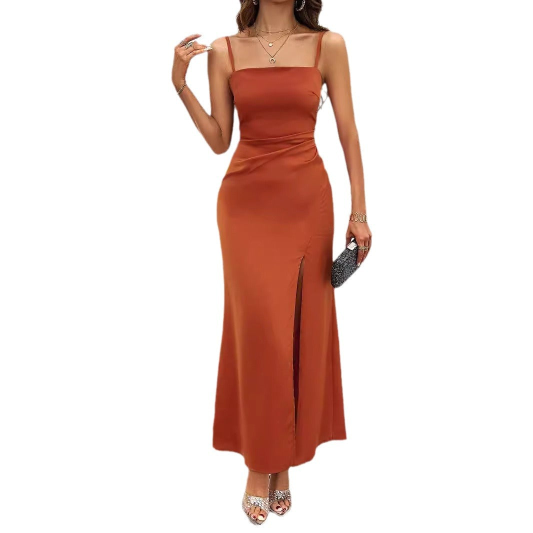 Damen elegantes Maxikleid mit tiefem Schlitz und schmalen Spaghettiträgern Sovae