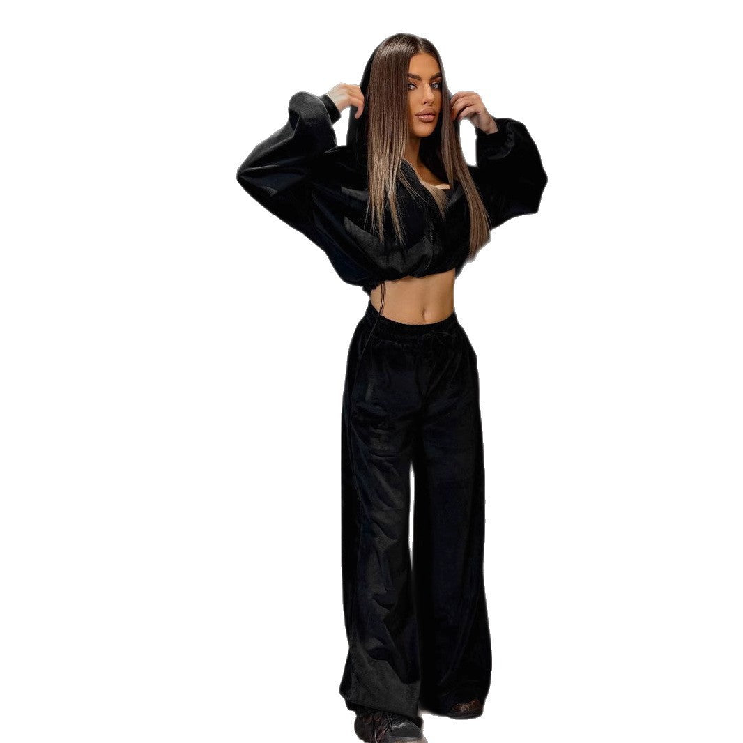 Damen Fleece-Cropped-Loungewear-Set mit weiten Hosen Sovae