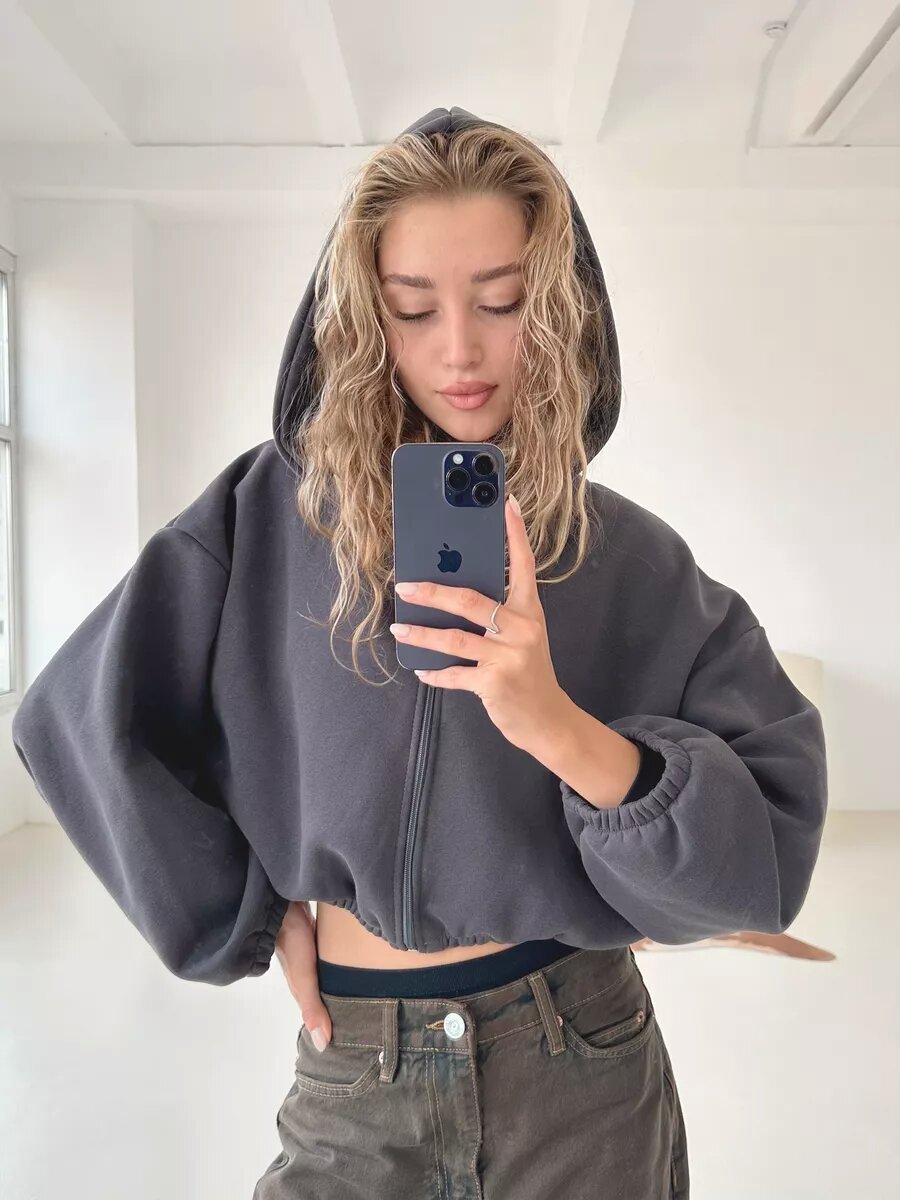 Damen cropped Kapuzenjacke mit Reißverschluss Sovae