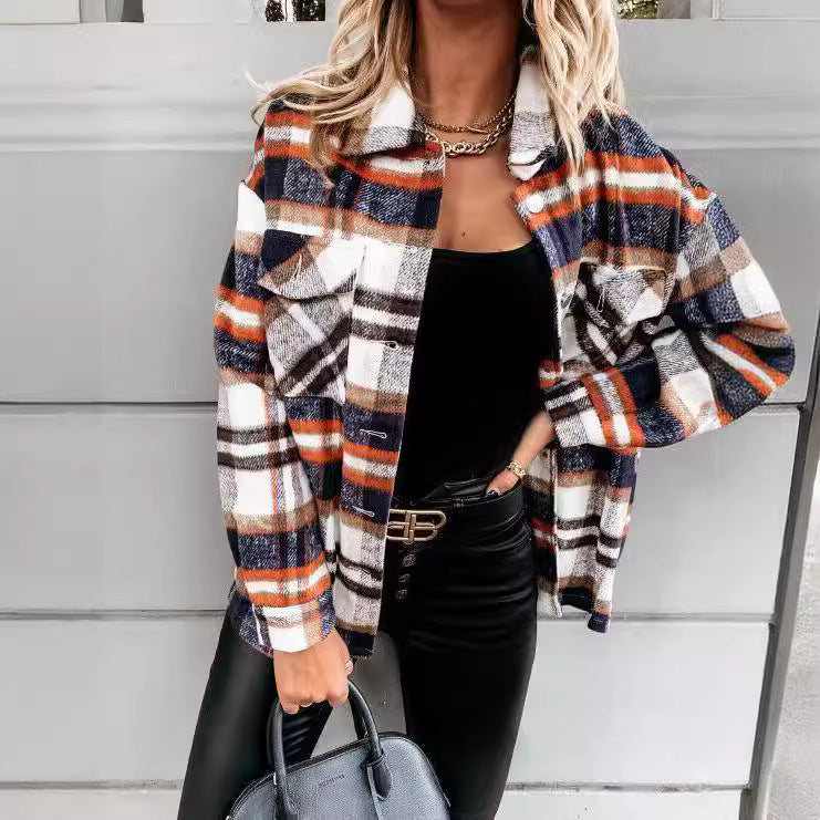 Damen Karo-Hemdenjacke im Oversized-Stil mit Druckknopfverschluss Sovae