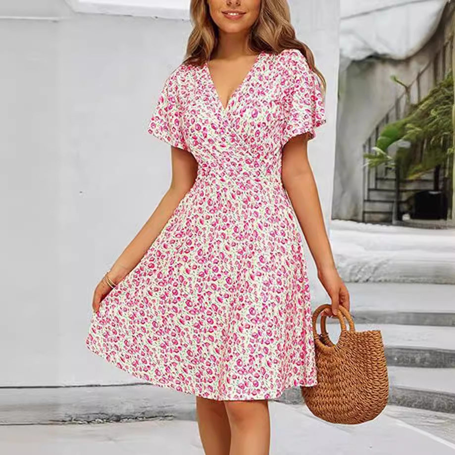 Damen florales Midikleid mit V-Ausschnitt und weit schwingendem Rock Sovae