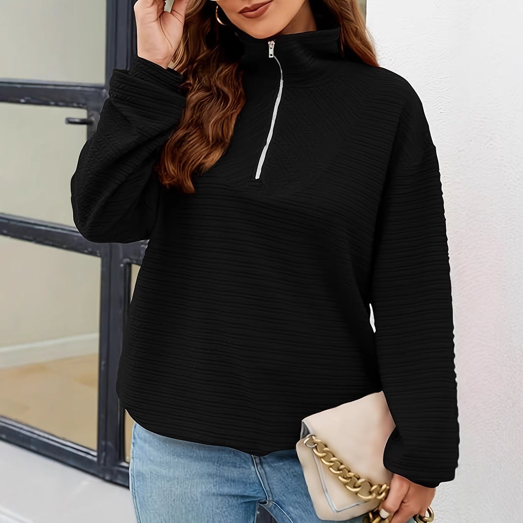 Damen lockerer Stehkragenpullover mit Reißverschluss Sovae