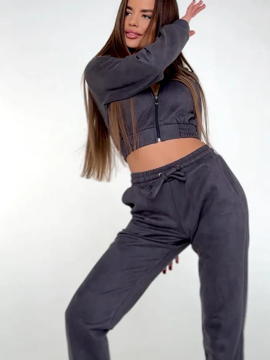 Damen Sportliches Fleece-Cropped-Set mit Kapuze und elastischem Bund Sovae