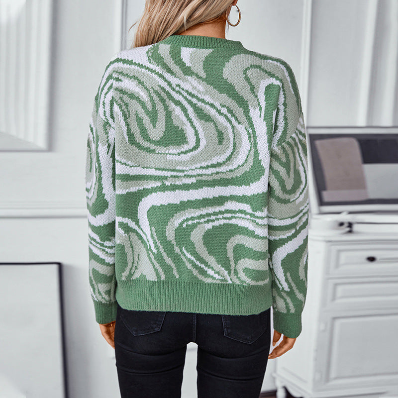 Damen gemusterter Strickpullover mit modernem Wellenmuster und Rundhalsausschnitt Sovae