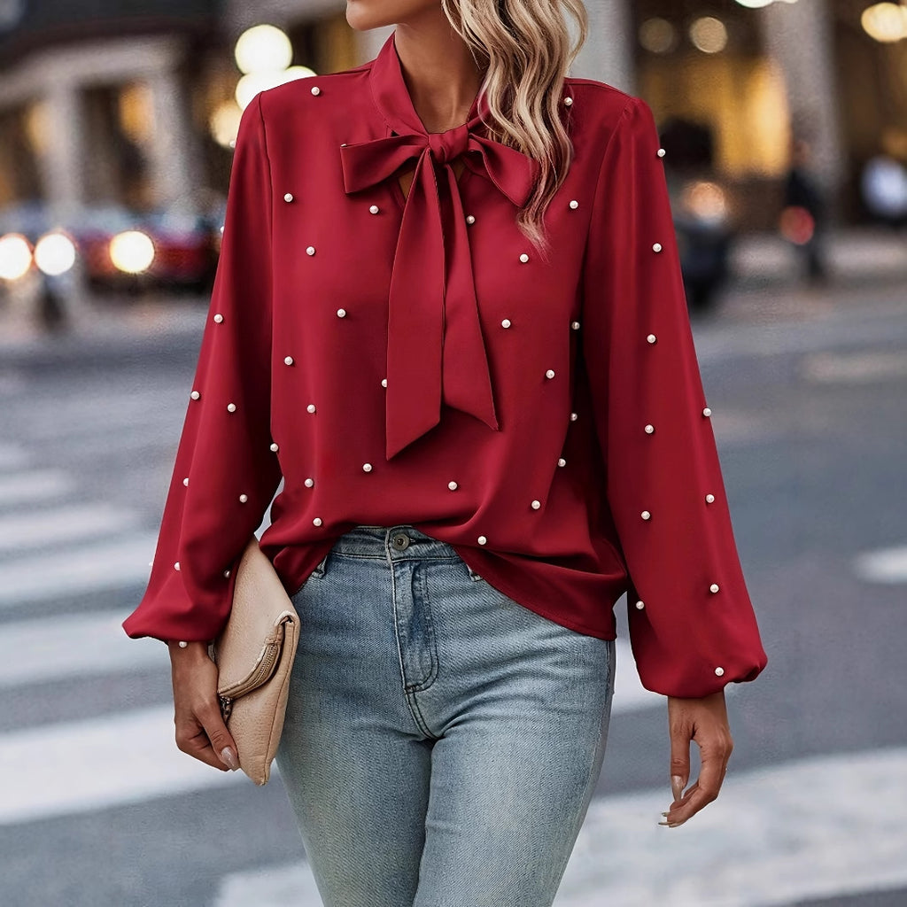 Damen Bluse mit Puffärmeln und Schleife Sovae